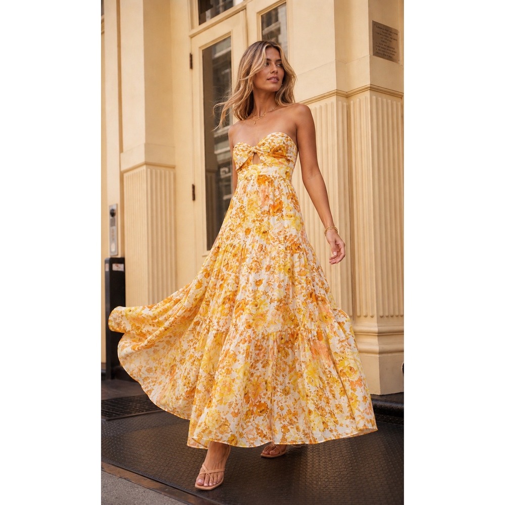 Zimmermann Raie Strapless Tiered Floral Yellow Cotton Maxi Dress Dress 0P US 2P - Picture 9 of 11